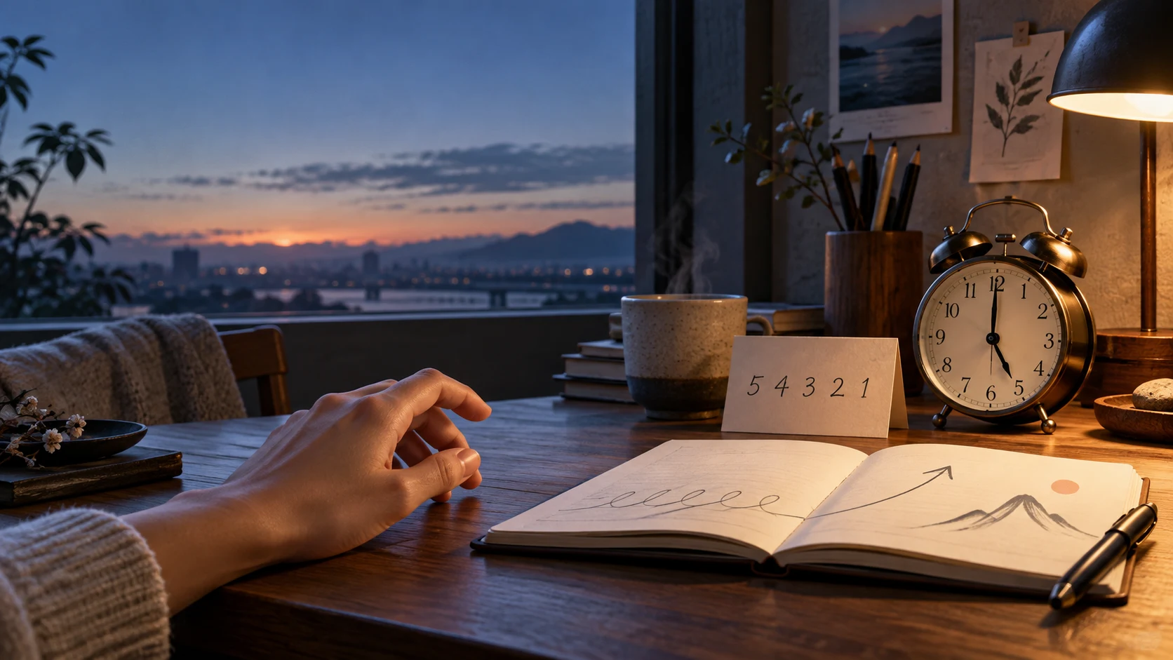 夜明け前の机で、5時を指す目覚まし時計と5から1までのカウントカード、ノートが置かれたオリジナルの概念イメージ